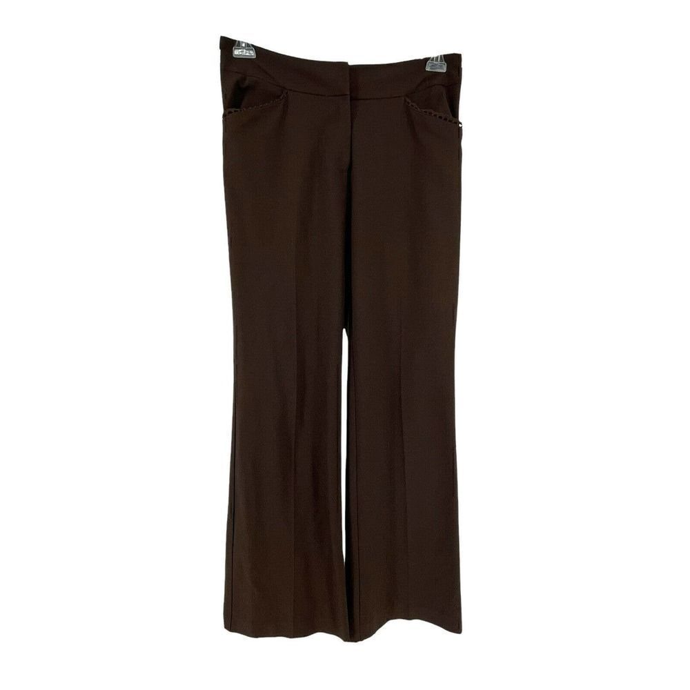 Karen Kane Dress Pants Brown Scalloped Trim Straight Leg Trousers Women's Size 6
